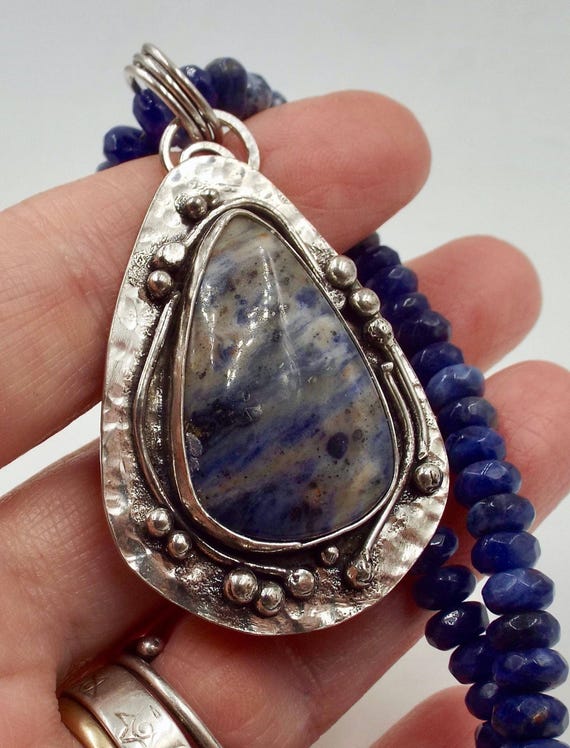 Blue Jasper Teardrop Gemstone Pendant in Sterling Silver Setting with a Faceted Sodalite Beaded Necklace