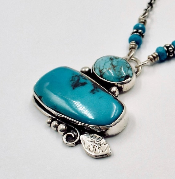 Kingman Turquoise Pendant, Delicate Oxidized Sterling Beaded Chain