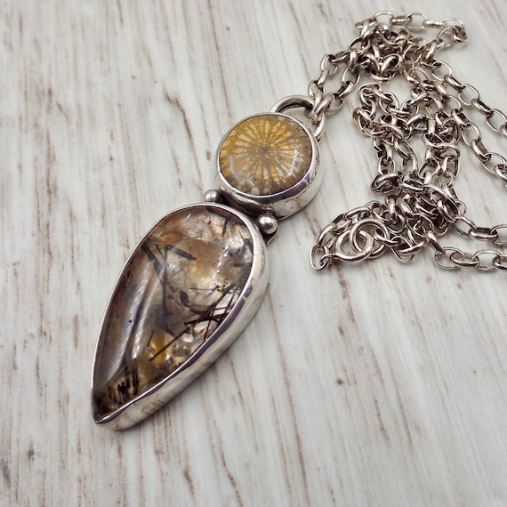 Fossil Coral and Rutilated Quartz Teardrop  Pendant, Necklace with Sterling Silver Setting and Sterling Chain