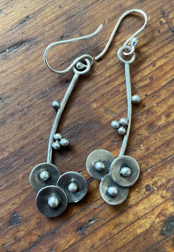 Berries and Bowls Earrings, Oxidized, Satin Finish, Deconstructed Cherry Blossoms Sterling Silver Handmade Jewelry