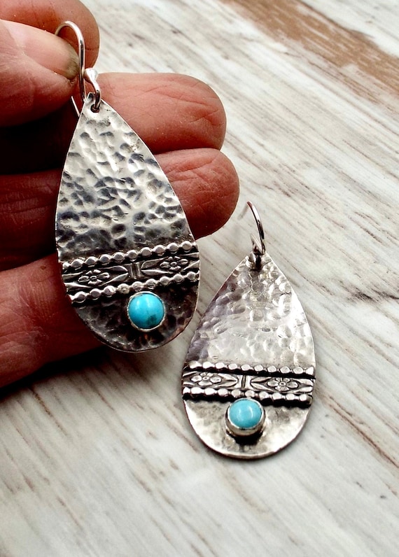 Hammered Silver Teardrop Earrings with Kingman Turquoise and Patterned trim