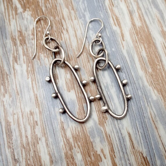 Satin Finished Silver Earrings, Ovals with Silver Balls, Rustic Sterling Jewelry
