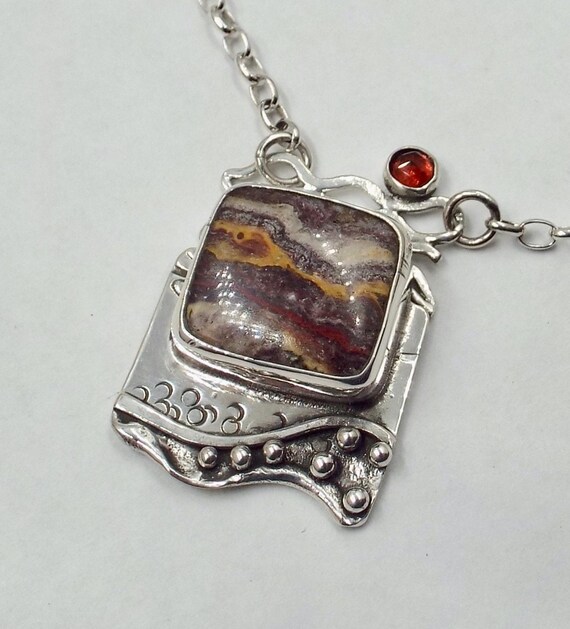 Striped Utah Opal with a Rosecut Garnet Accent Stone Pendant