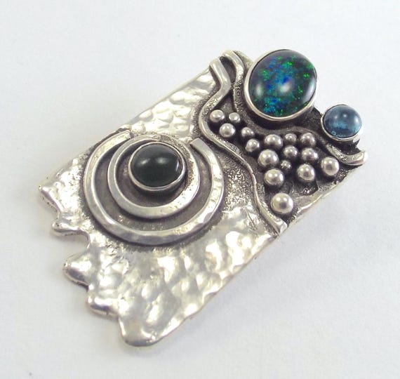 Opal, Jade and Swiss Blue Topaz Pendant, Gemstone and Sterling Necklace