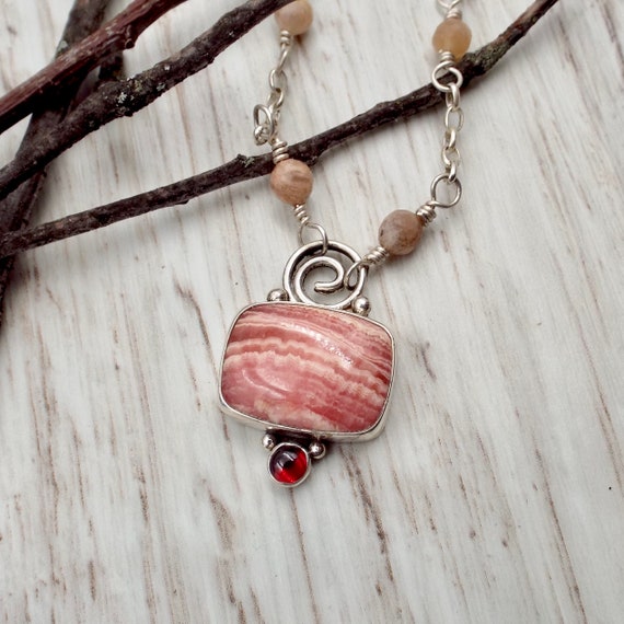 Rhodochrosite and Garnet Pendant, Necklace Sterling Silver Setting and Chain with Faceted Moonstone Beads