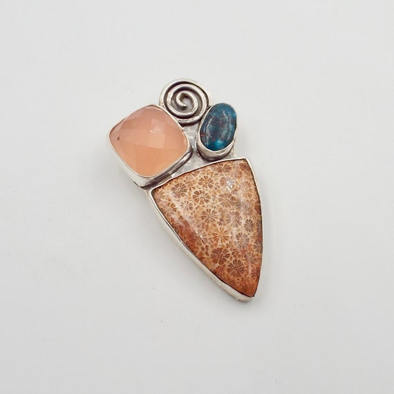 Fossilized Coral, Turquoise and Rose Quartz Gemstone Pendant