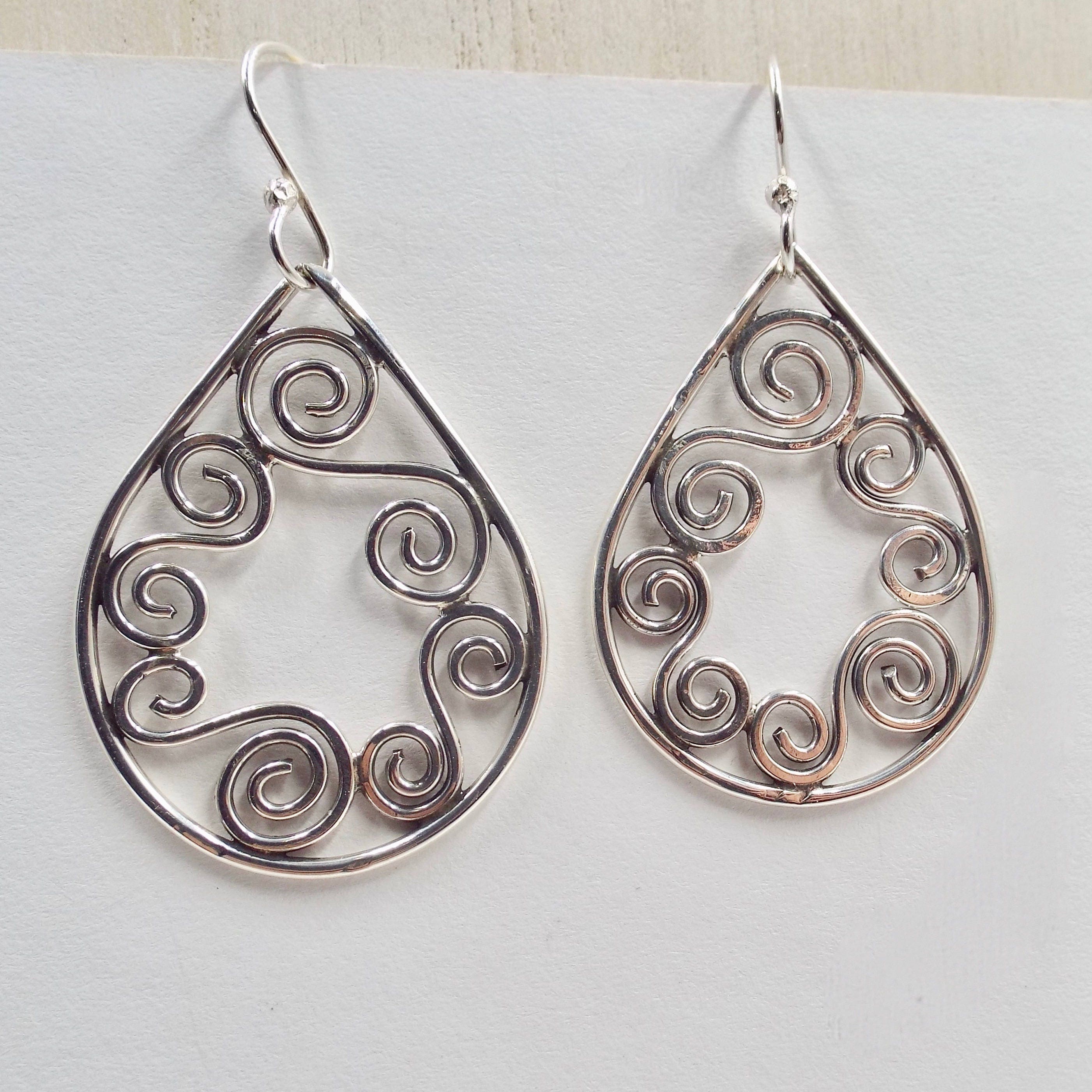 Sterling Filigree Teardrop Earrings, Silver Wire Spirals