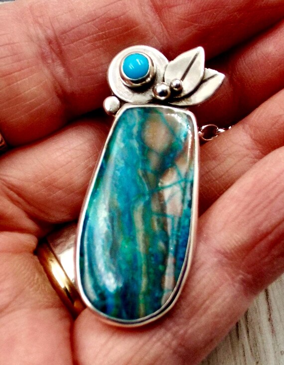 Chrysocolla Malachite Sterling Silver Pendant: Sleeping Beauty Turquoise Accent