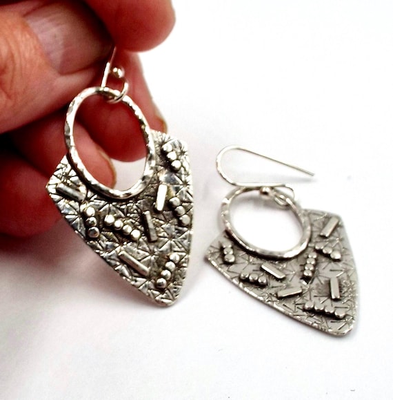 Sterling Shield Shaped Earrings, Stamped And Hammered Silver