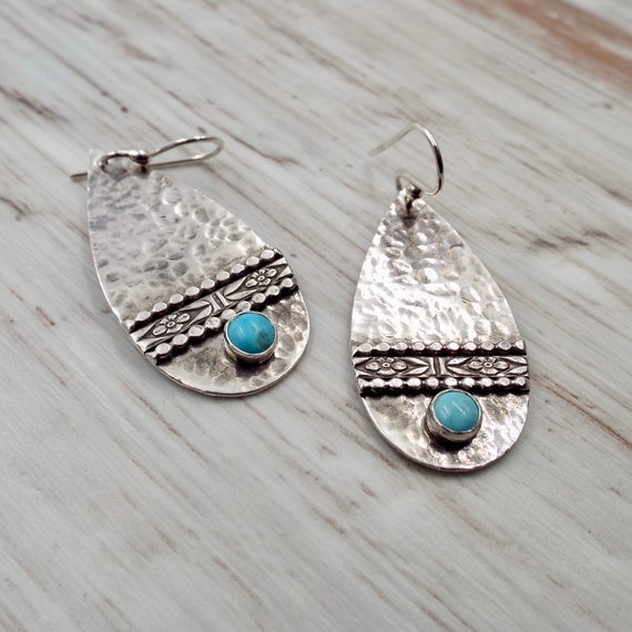 Hammered Silver Teardrop Earrings with Kingman Turquoise and Patterned trim