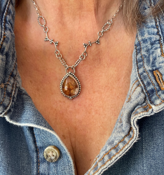 Renaissance Inspired Golden Rutilated Quartz Teardrop with Handmade Sterling Silver Setting and Chain