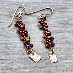 Balled and Wrapped Copper Wire Earrings with Silver Ear Wires and Hammered Sterling Squares