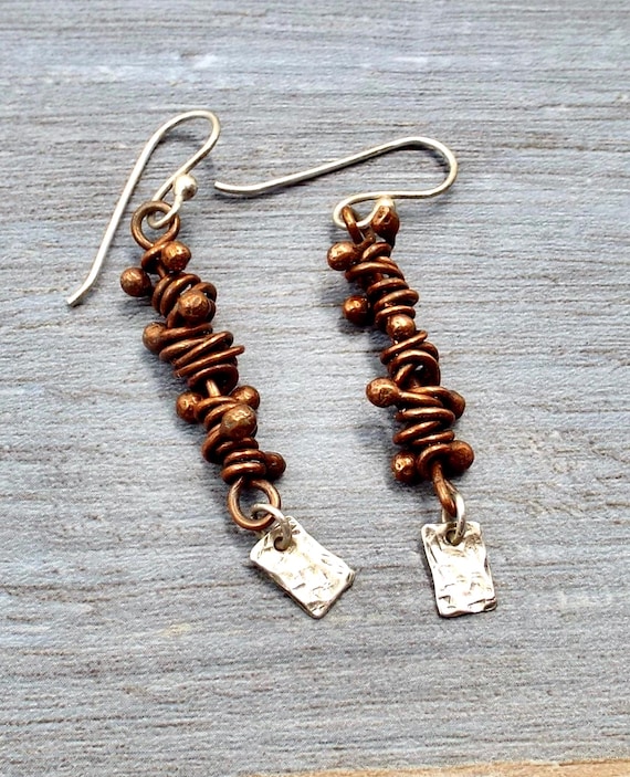 Balled and Wrapped Copper Wire Earrings with Silver Ear Wires and Hammered Sterling Squares