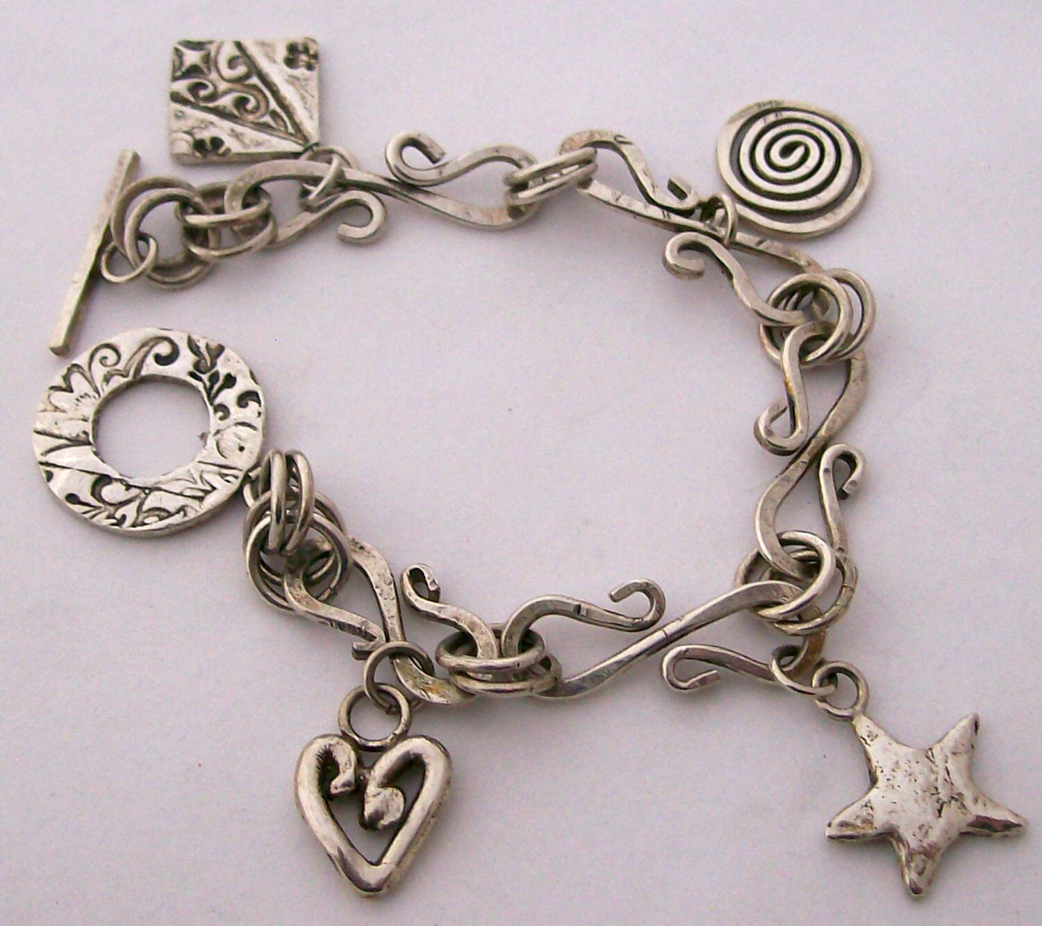 Sterling SHook Charm Bracelet, Hammered Links, Toggle Clasp, Heart