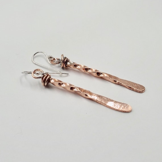 Copper Twisted And Forged Wire Earrings With Sterling Silver Ear Wires