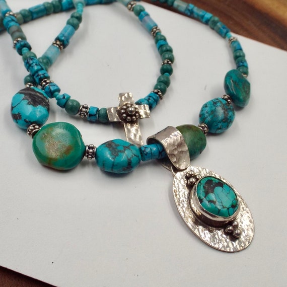 Turquoise And Sterling Double Strand Necklace With Statement Pendant And Small Silver Cross