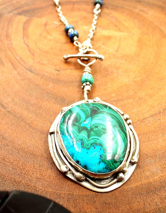 Azurite And Malachite Pendant With Beaded Necklace And Decorative Toggle