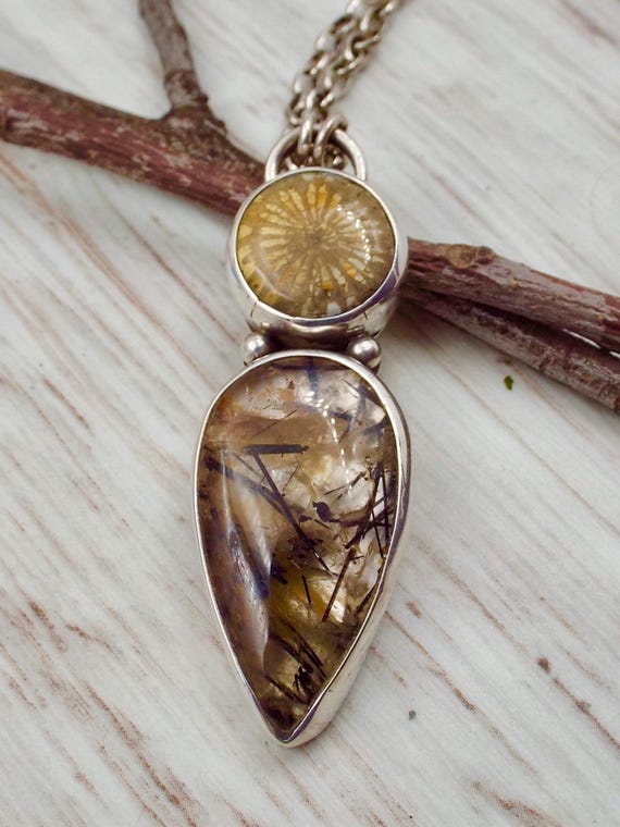 Handmade Fossil Coral & Rutilated Quartz Sterling Silver Pendant Necklace