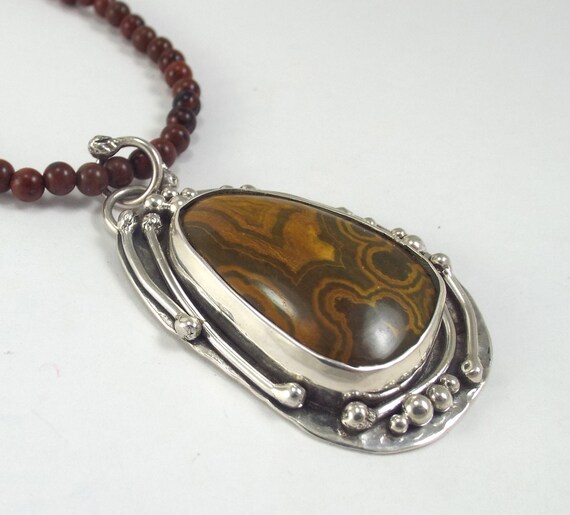 Ocean Jasper and Sterling Silver Pendant with Wire and Ball Accents and Mahogany Obsidian Beaded Necklace