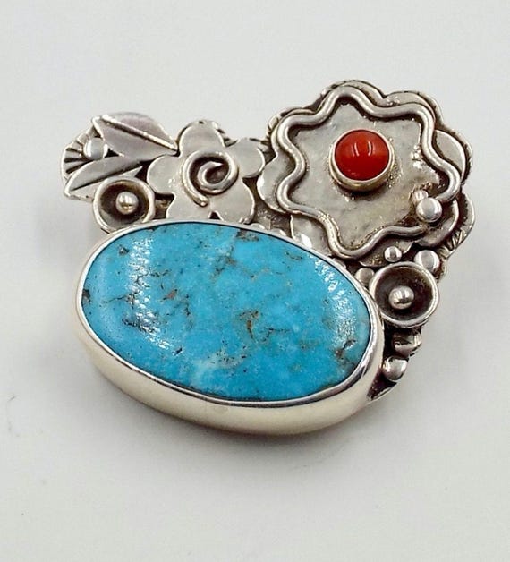 Turquoise and Coral Sterling Silver Pendant with Flowers and Leaves, Kingman Mines