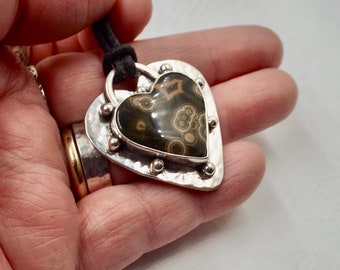 Ocean Jasper Heart Pendant, Sterling Silver Setting and Chain