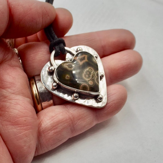 Ocean Jasper Heart Pendant, Sterling Silver Setting and Chain