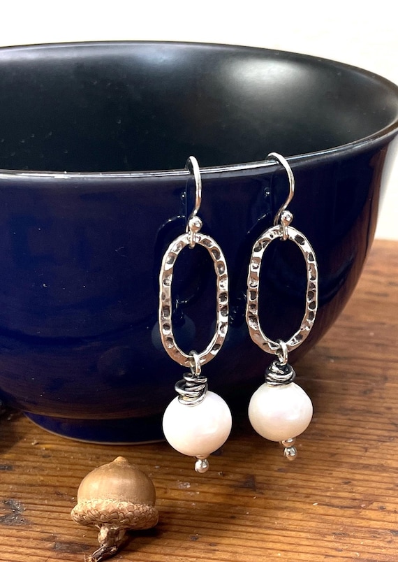 Pearl Earrings with Hammered Sterling Hoops