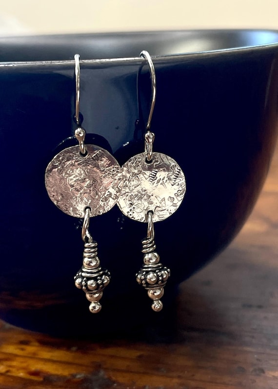 Sterling Hammered Earring Discs with Bali Beads