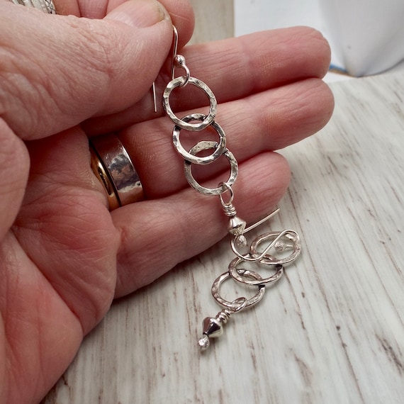 Hammered Three Rings Silver Earrings with Sterling Bead Dangles