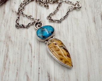 Kingman Turquoise and Petrified Palm Wood Pendant, Necklace, Sterling Silver Settings and Chain