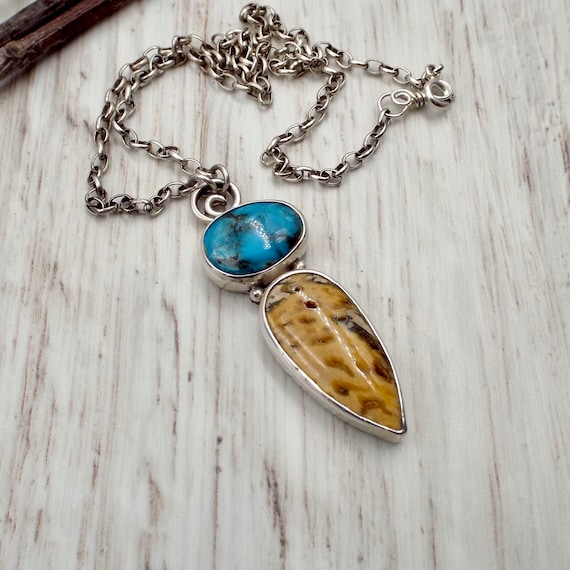 Kingman Turquoise and Petrified Palm Wood Pendant, Necklace, Sterling Silver Settings and Chain