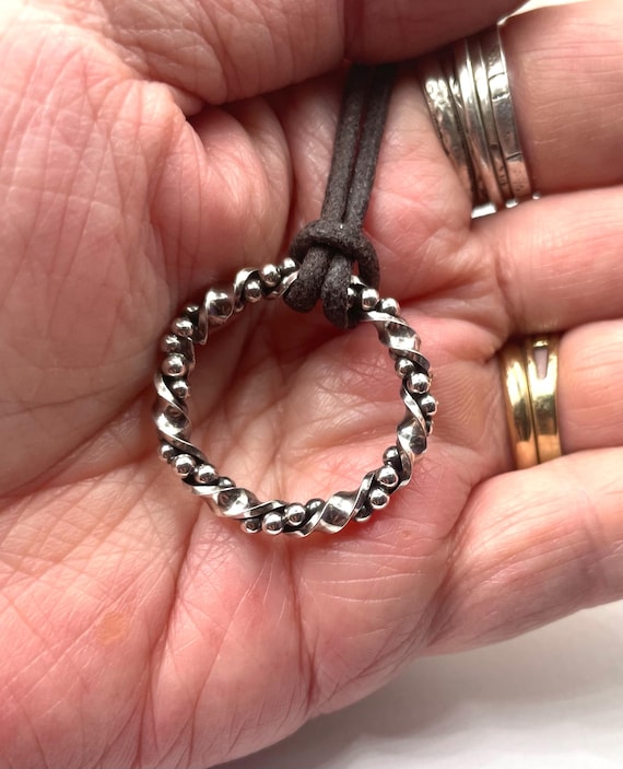 Twisted Silver Circle Pendant on Vegan Leather Cord, Unisex Medallion