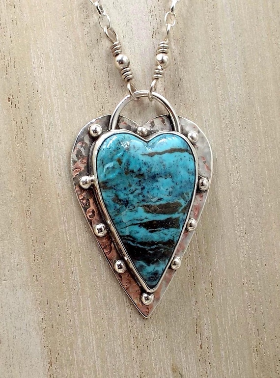 Kingman Turquoise Heart Pendant with Silver Balls and Sterling Chain