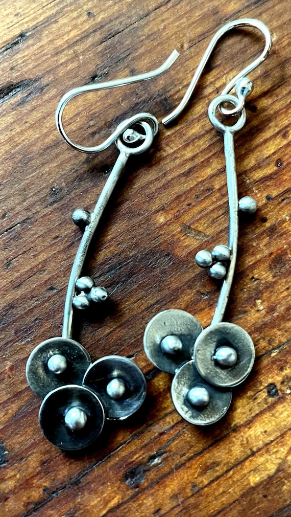 Berries and Bowls Earrings, Oxidized, Satin Finish, Deconstructed Cherry Blossoms Sterling Silver Handmade Jewelry