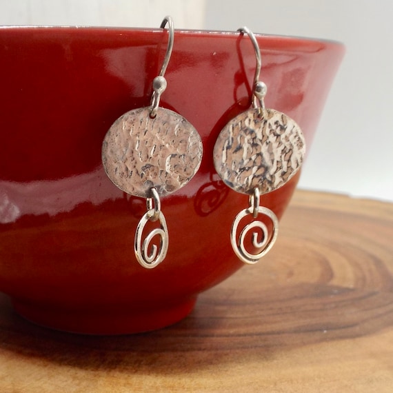 Hammered Sterling Oval Earrings With Spiral Dangles, Silver Earrings