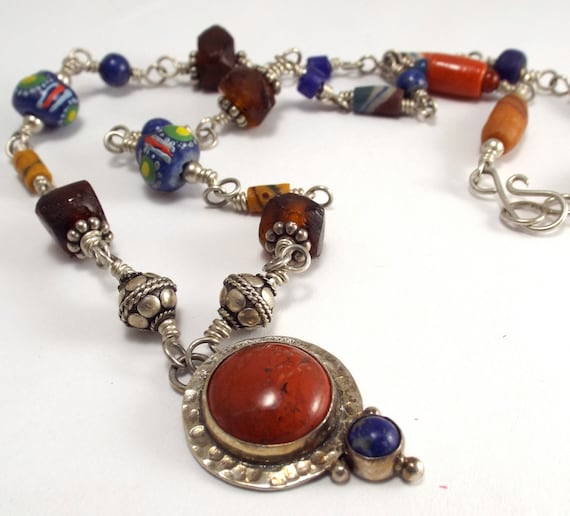 Lapis and Red Jasper Sterling Pendant,  Wire Wrapped Jewelry,  Multi Gemstone Necklace