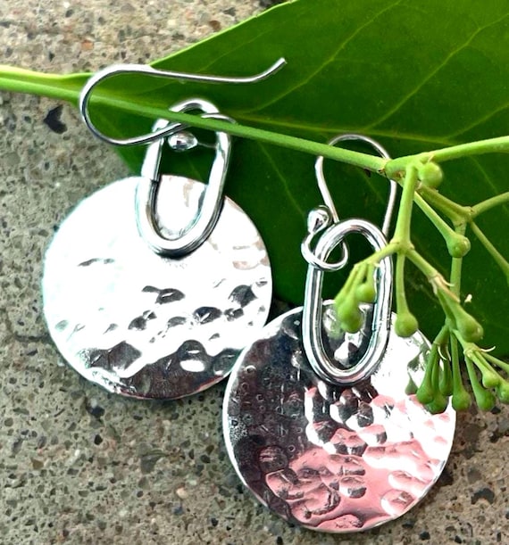 Hammered Texture Circle Earrings with Oval Links, Sterling Jewelry