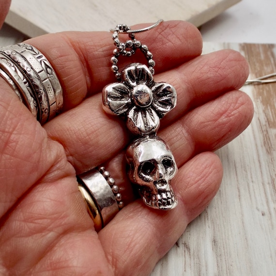 Day Of The Dead Skull And Flower Pendant, Heavy Sterling Silver Necklace, Solid Cast Silver