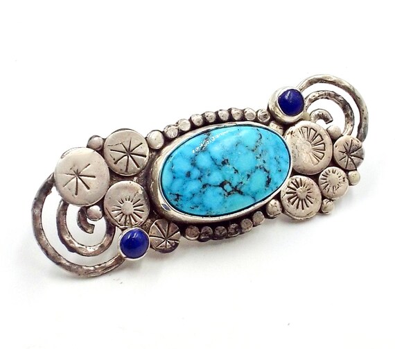 Turquoise and Lapis Sterling Pendant with Silver Spirals and Circle Ornaments, Royston Nevada Mines