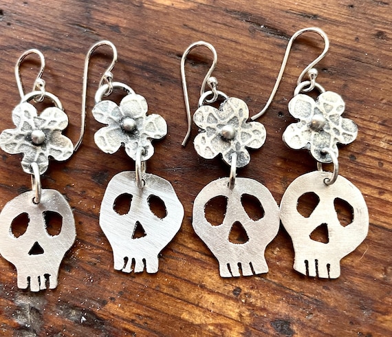 Halloween Flower and Skull Sterling Silver Earrings, Day Of The Dead Jewelry