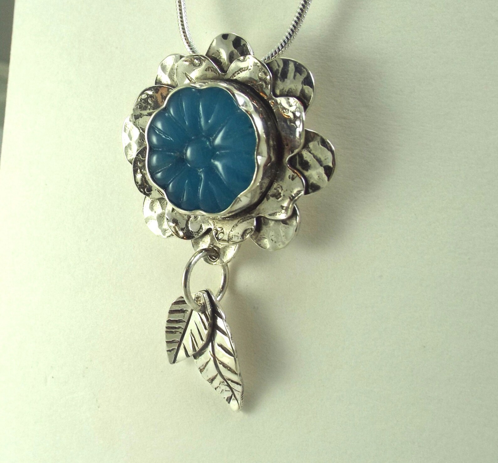 Sterling Petals and Leaves Pendant With Blue Pressed Glass Etsy