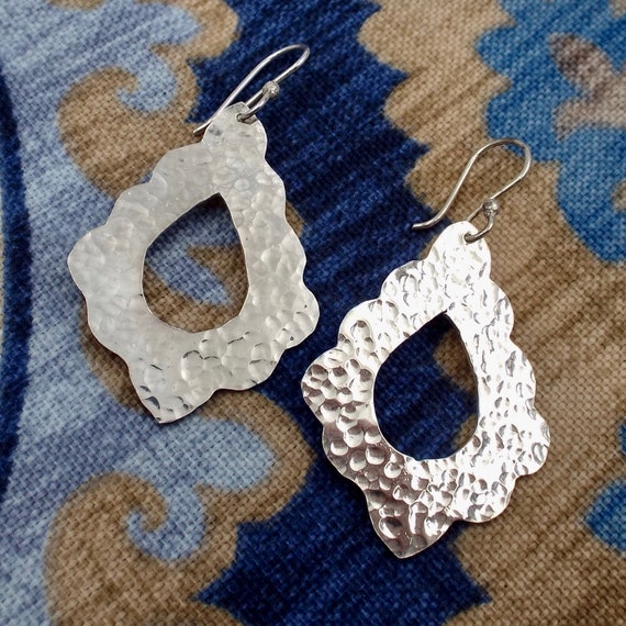 Scalloped Hammered Teardrop Earrings, Sterling Silver Jewelry