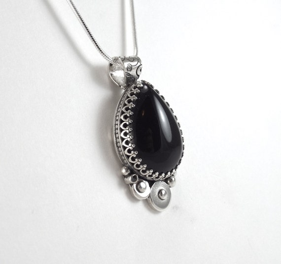 Sterling and Onyx Teardrop Pendant Black Gemstone Necklace Etsy