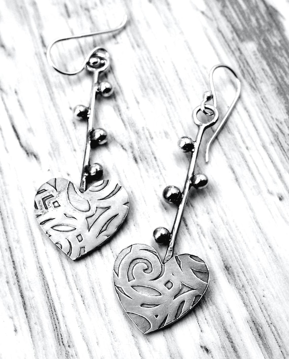 Fancy Hearts with Long Stems and Shiny Ball Accents, Sterling Silver Earrings