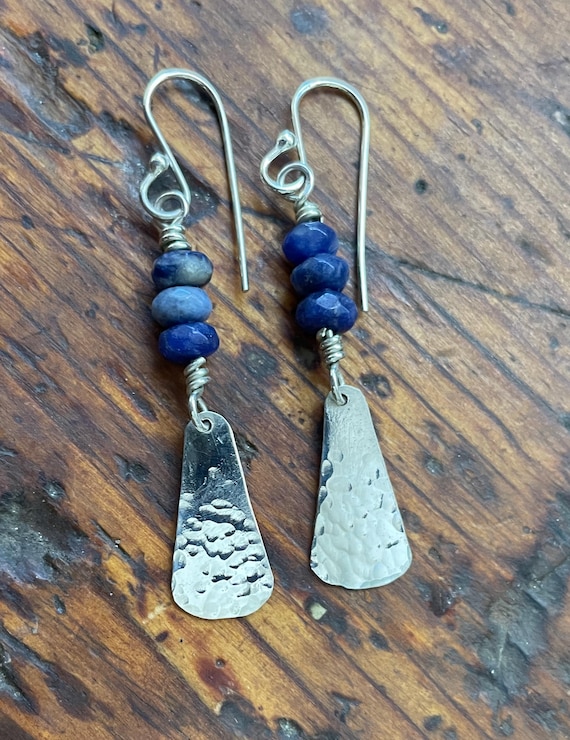 Sterling and Faceted Sodalite Earrings Hammered Silver Ombre Finish