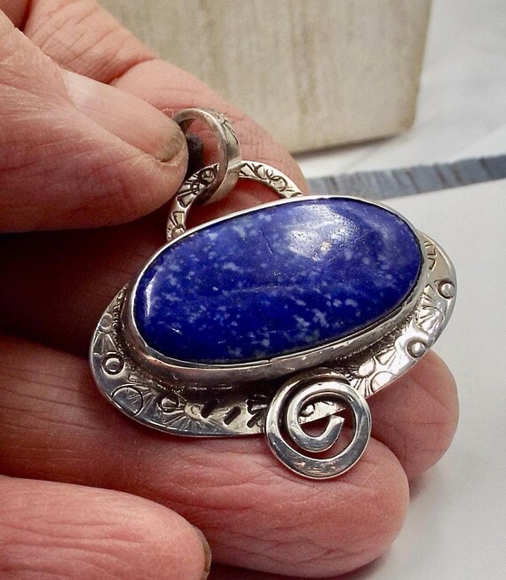 Blue Sodalite Gemstone Pendant, Oval Stone In Stamped Sterling Silver Necklace