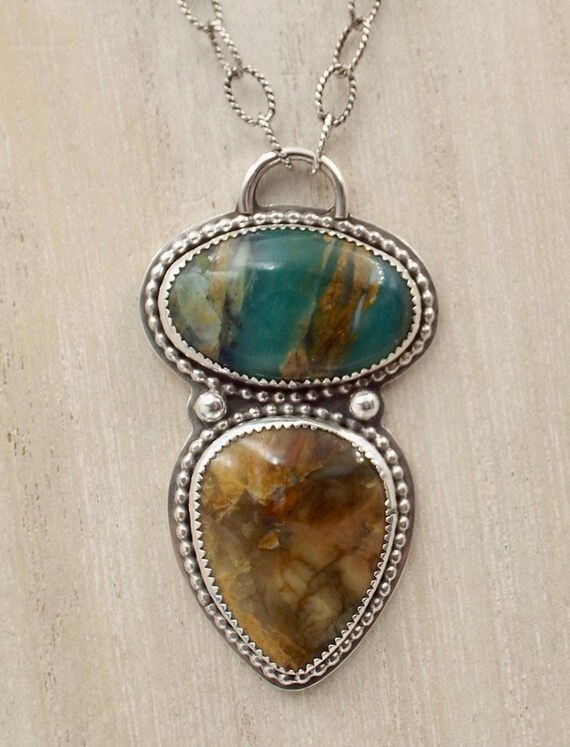 Perurvian Blue Opal and  Morrisonite Jasper Pendant in Sterling Silver