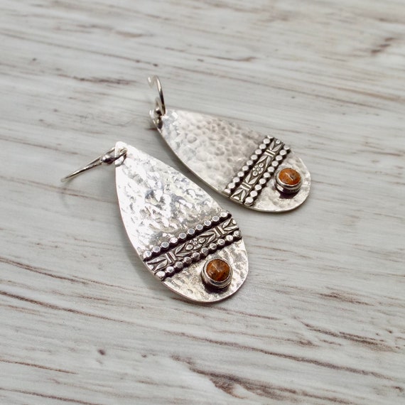 Hammered Silver Teardrop Earrings with Apple Coral Gemstones