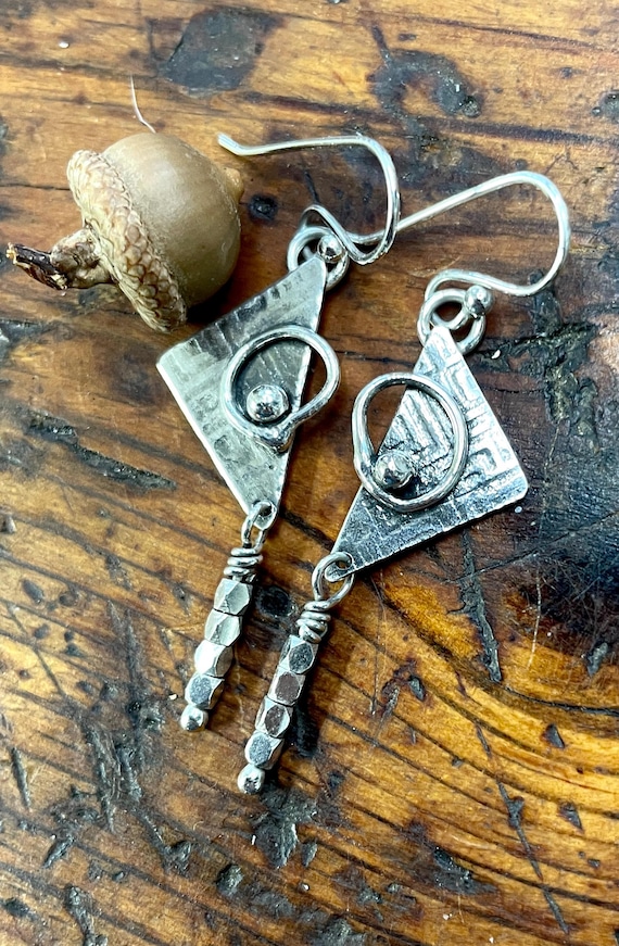 Geometric Triangle Earrings, Sterling Silver ,Bali Beads