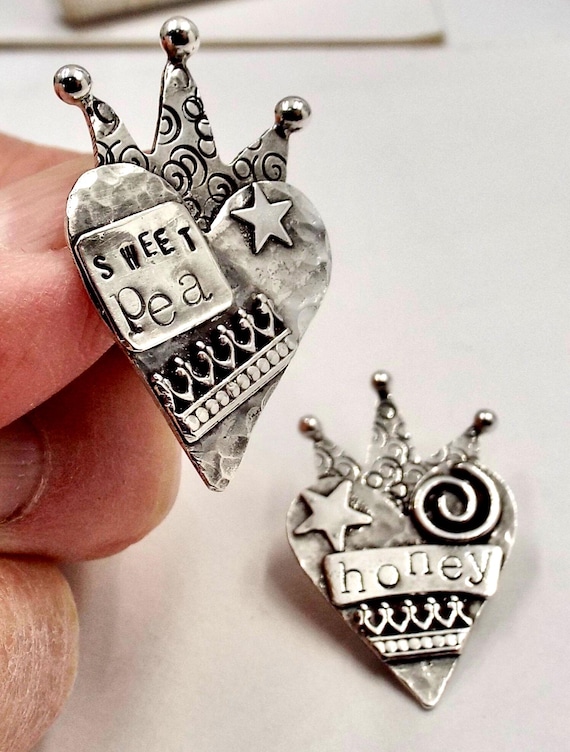 Heart With Crown Pendants, Whimsical Silver Jewelry, Sterling Silver Your Choice